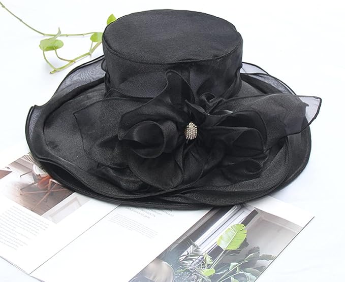 Organza Derby Hats for Women Wide Brim Fascinator Hat Rose Flower Wedding Tea Party Hat