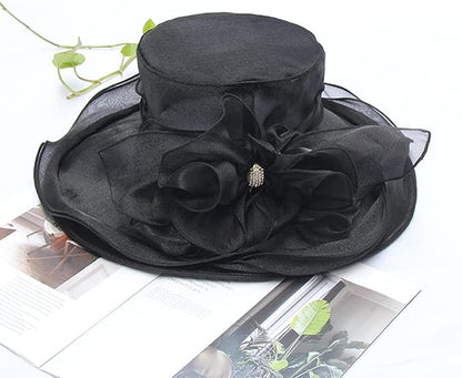 Organza Derby Hats for Women Wide Brim Fascinator Hat Rose Flower Wedding Tea Party Hat