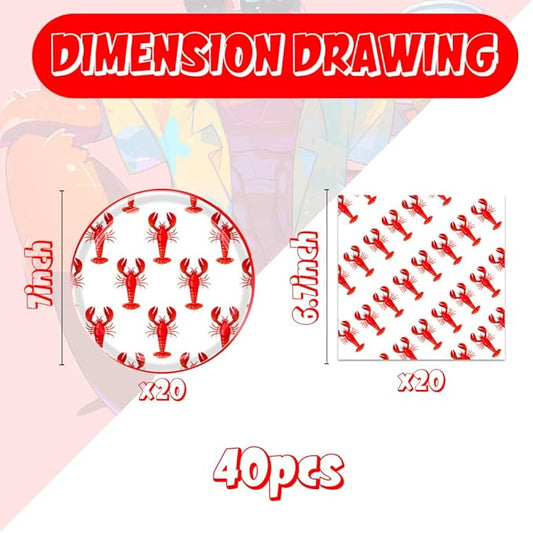 40Pcs Crawfish Boil Party Supplies Lobster Birthday Decorations Disposable Paper Plates and Napkins Set Seafood Boil Party Supplies for Birthday Baby Shower Dccorations