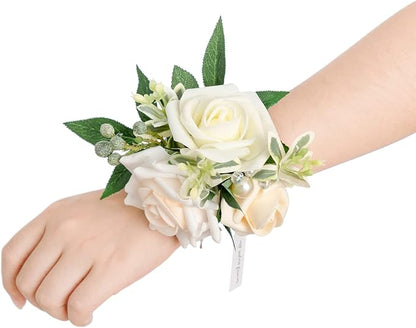 Ling's moment 6pcs Wedding Wrist Corsage Artificial Flowers, Girl/Mother Homecoming Prom Corsages Wristlet Décor, etc. White Ivory