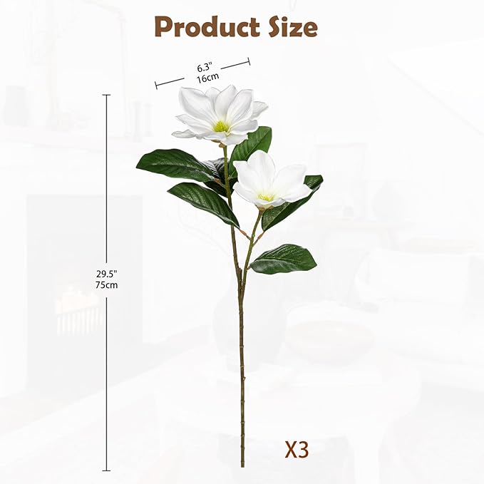 Briful Artificial Magnolia Flower Stems – 3PCS 29.5" Tall Faux White Magnolia Branches with Silk Flowers Realistic Floral Arrangements for Home Wedding Bouquets Vase Farmhouse Decor