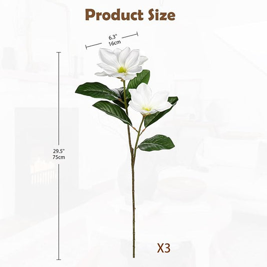 Briful Artificial Magnolia Flower Stems – 3PCS 29.5" Tall Faux White Magnolia Branches with Silk Flowers Realistic Floral Arrangements for Home Wedding Bouquets Vase Farmhouse Decor