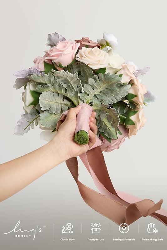 Ling's moment Dusty Rose Bridal Bouquet for Bride, Blush Pink Wedding Bouquets for Bride, 13 Inch Silk Round Artificial Wedding Flowers Bouquets