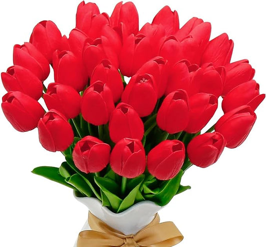 36 PCS Red Tulips Artificial Flowers 13" PU Fake Flowers for Wedding Home Decor (Red)