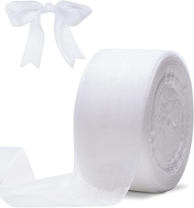 White Organza Ribbon for Gift Wrapping, FAKILO 2 Inch Shimmer Sheer Wrapping Ribbon for Bouquet, Wedding, Christmas Gift - 50 Yards Each Roll