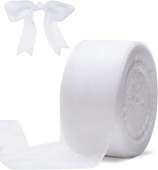 White Organza Ribbon for Gift Wrapping, FAKILO 2 Inch Shimmer Sheer Wrapping Ribbon for Bouquet, Wedding, Christmas Gift - 50 Yards Each Roll