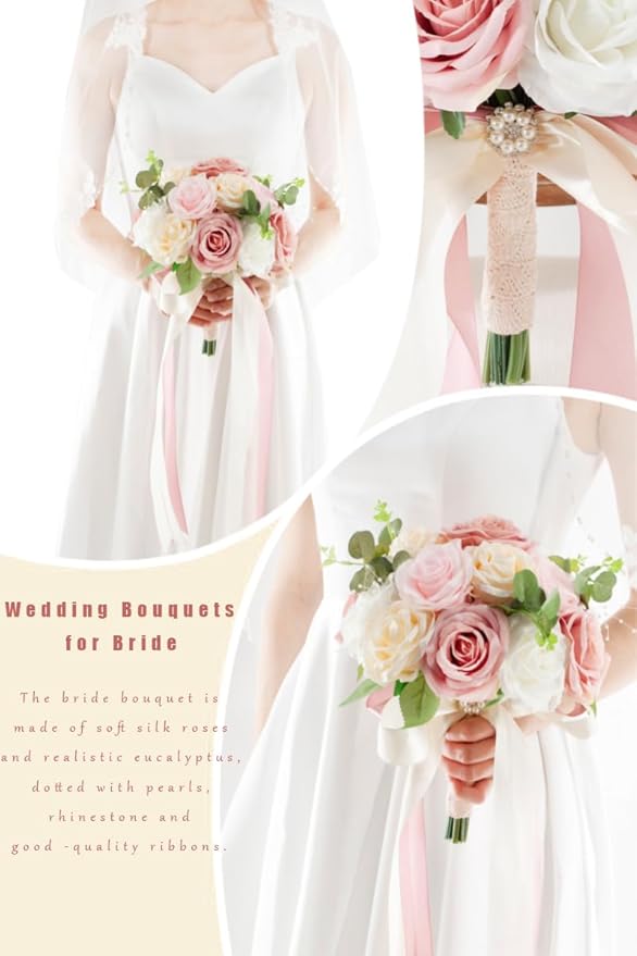 Pink & Champage Wedding Bouquets for Bride Bridesmaids, Bridal Bouquet for Wedding Silk Artificial Flowers