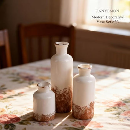 Ceramic Vase Set of 3 - Modern Decorative Vases for Home Decor, Rustic Farmhouse Boho Vases for Living Room, Mantel, Dining Table, Bookshelf, Kitchen or Entryway Decoration