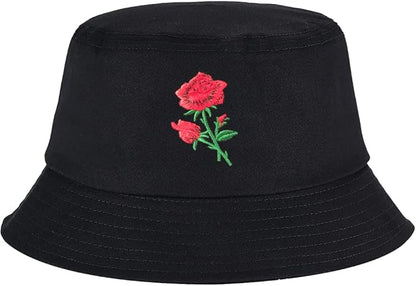 Rose Embroidered Novelty Bucket Hat Outdoor Cap for Women 100% Cotton Packable Adjustable