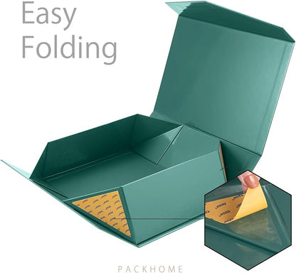 PACKHOME Large Christmas Gift Box with Lid 13.5x9x4.1 Inches, Sturdy Collapsible Gift Box with Magnetic Closure for Xmas (Glossy Dark Green)