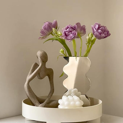 Modern Wavy Acrylic Flower Vase, Mirror Effect Design, Silver, Decorative Home Office Centerpiece, 7.9x4.1x2 Inch