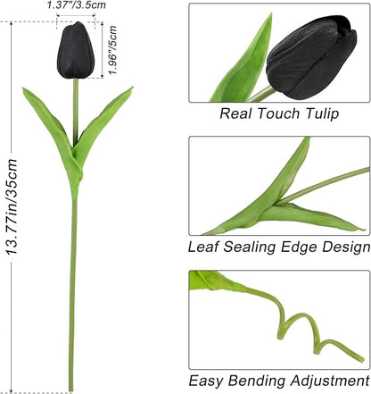 Beferr Black Tulips Artificial Flowers 18pcs Faux Tulip Real Touch Fake Flowers Bouquets for Halloween Easter Gifts Home Party Wedding Table Decorations