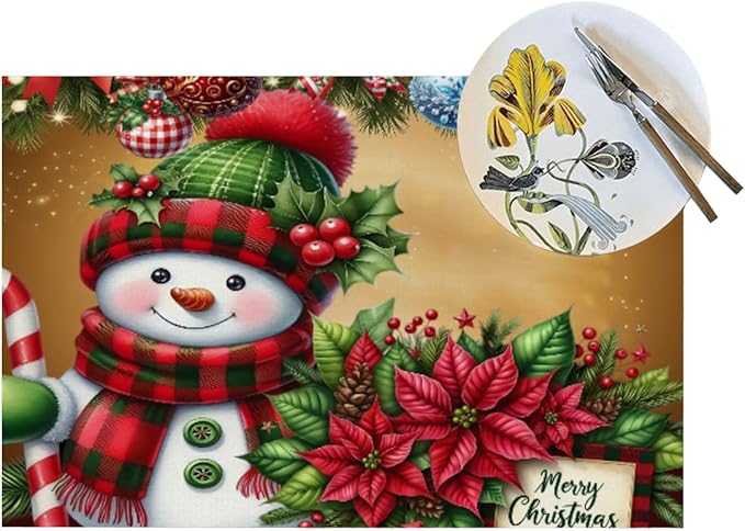 PVC Placemats Set of 4 Wipeable Table Mats Washable Heat Resistant Non Slip Vinyl Dining Table Mat for Kitchen Indoor Outdoor Patio Farmhouse Place Mats Christmas Ball Poinsettia Snowman Decorative