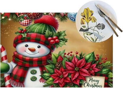 PVC Placemats Set of 4 Wipeable Table Mats Washable Heat Resistant Non Slip Vinyl Dining Table Mat for Kitchen Indoor Outdoor Patio Farmhouse Place Mats Christmas Ball Poinsettia Snowman Decorative