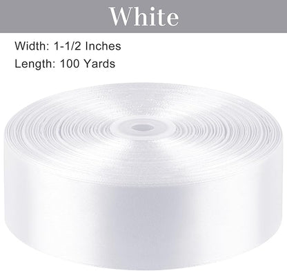1-1/2 Inches 100 Yards White Satin Ribbon, Solid Fabric Ribbon Roll for Flower Bouquets, Gift Wrapping, Wedding, Handmade Crafts