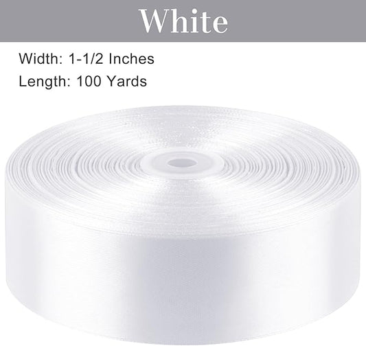 1-1/2 Inches 100 Yards White Satin Ribbon, Solid Fabric Ribbon Roll for Flower Bouquets, Gift Wrapping, Wedding, Handmade Crafts