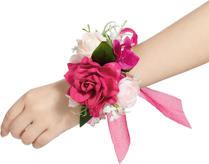 Ling's moment 6pcs Wedding Wrist Corsage Artificial Flowers, Girl/Mother Homecoming Prom Corsages Wristlet Décor, etc. Hot Pink Magenta