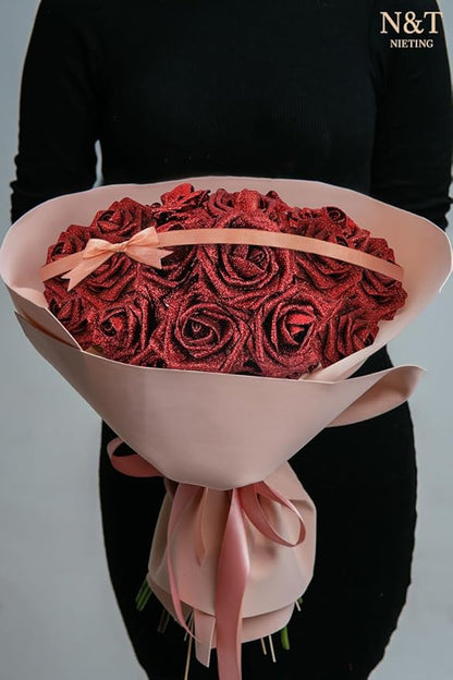 N&T NIETING Artificial Flowers Glowing Red Flowers Foam 25pcs Glitter Roses Real Looking Fake Roses with Stem for DIY Wedding Bouquets Centerpieces Bridal Shower Party Home Decorations