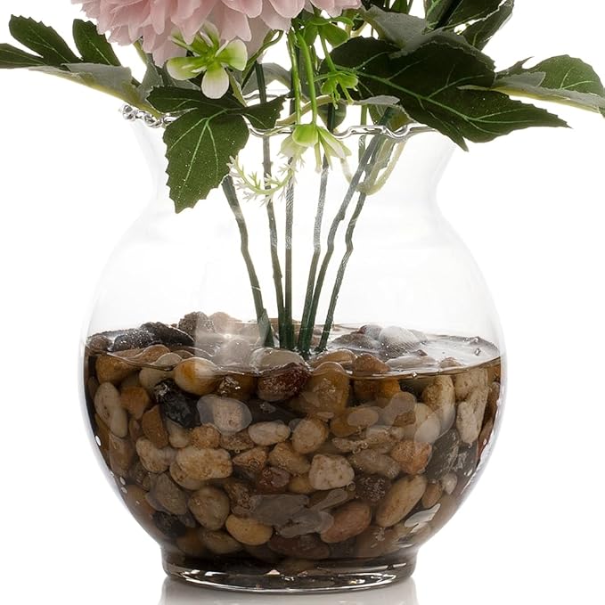 ENOVA FLORAL 7 Heads Silk Marigold Artificial Flowers in Vase,Faux Marigold Flowers Arrangement in Round Bowl Vase with Faux Water and River Rock for Table Decor Centerpieces (Marigold-Pink)