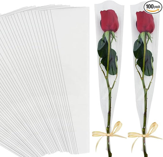 BEISHIDA 100 PCS Single Rose Sleeve Bouquet Bags Plastic Single Flower Wrapping Rose Packaging For Mother's Day Graduation Wedding Birthday Valentine's Day Party (Transparent)