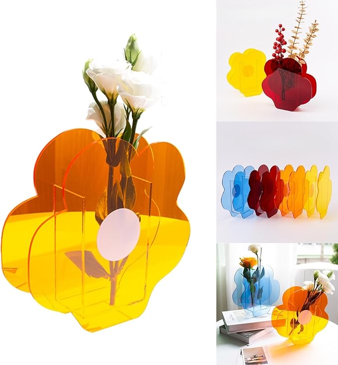 Acrylic Flower-Shaped Vase in Vibrant Orange, Contemporary Home Decor Centerpiece for Dining Table, Office or Wedding Display (Flower Style)