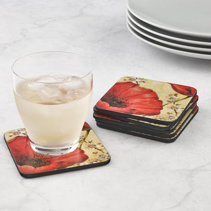 Pimpernel Red Poppy Blossoms Coasters, Set of 4 (4" x 4") – Cork-Backed Board with Bright Floral Artwork, Heat & Stain Resistant Drink Mats for Dining, Coffee Tables & Home Decoration