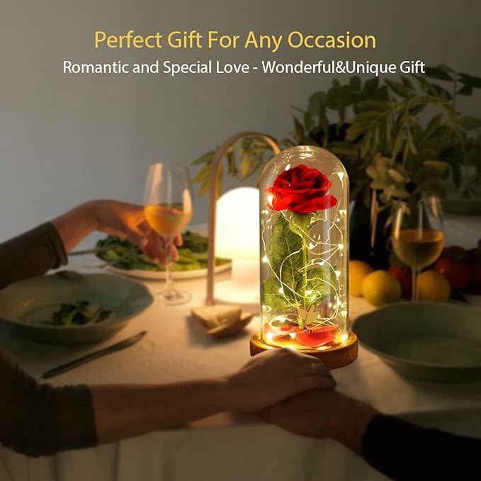 Christmas Birthday Gifts for Women,Beauty and The Beast Rose in Glass Dome,Silk Rose Forever Flowers with Lights,Mom Gift,Romantic Gifts for Her,Anniversary Flower Gifts for Women,Gifts for Girlfriend