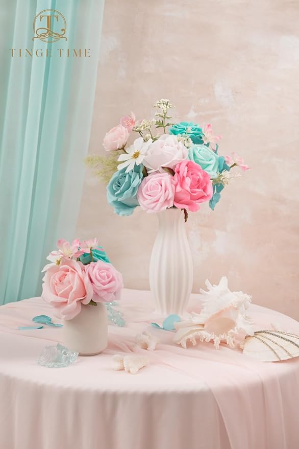 TINGE TIME Artificial Flowers Combo Set Teal Blue & Pink Flowers Mix Silk Flowers Roses with Stem for DIY Wedding Bridal Bouquets Baby Shower Floral Arrangement Table Centerpieces Home Decorations