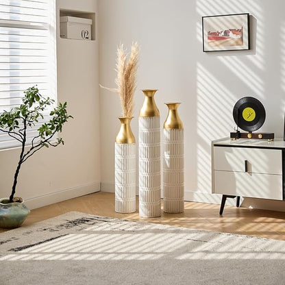 Floor Oversized Gold Metal Decorative Vase with 3D Triangle Pattern Set of 3 Large Vases for Home Living Room 33.5 ", 29.5 ", 25.2" High (Retro White)