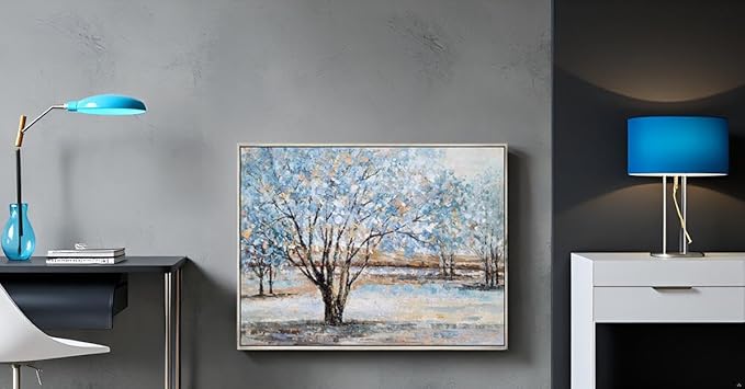 Yihui Arts Tree Canvas Wall Art - Hand Painted Textured Blue and Gold Foil Abstract Forest Landscape Modern Artwork for Living Room, Bedroom, and More