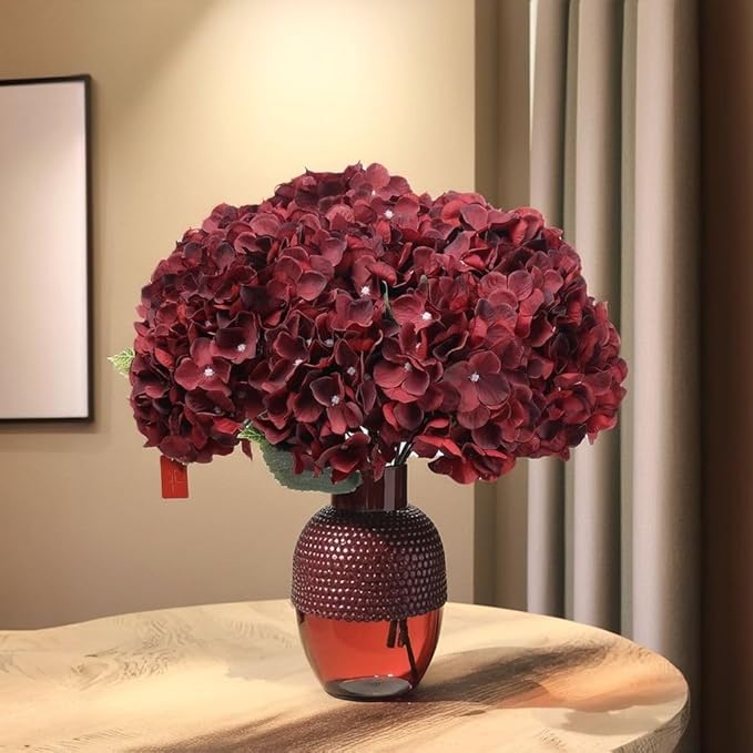 2Bouquets Artificial Fake Flowers Plants Silk Hydrangea Arrangements Wedding Bouquets Decorations Plastic Floral Home Kitchen Garden Party Festival Bar DIY (Dark Red,5 Flower Heads)