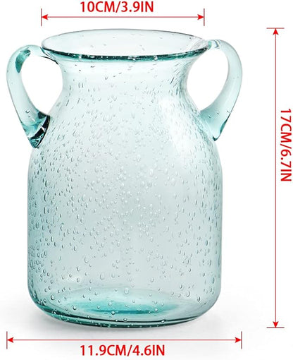 MDLUU Seeded Glass Vase, 4.6" W x 6.7" H, Clear, Double Ear Design, Coastal Modern Style, Perfect for Dining Room, Bedroom, Bathroom