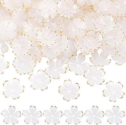 SUNNYCLUE 1 Box 200pcs White Flower Beads Acrylic Bead Caps Plastic Floral Sakuras 5-Petal Gold Plated Loose Spacer Bead for Jewelry Making Women Adult Bracelets DIY Wedding Crafts Accessories