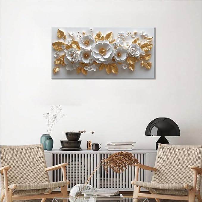 IDAFU Flower Wall Art White Foral and Golden Leaves Wall-décor White Wall Art Floral Painting Pictures for Living Room Bathroom Bedroom Kitchen Office Cuadros Decorativos Para Sala Decor 40L x 20W