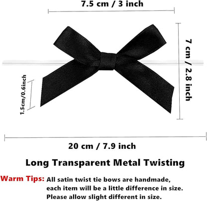 50 PCS 3 Inch Black Twist Bows for Treat Bags, Satin Twist Tie Bows, Pre Tied Bows with Wire, Ribbon Bows with Twist Ties, Bow Ties for Gift Bags, Popcorn Bags, Cookie Bags, Party Favors