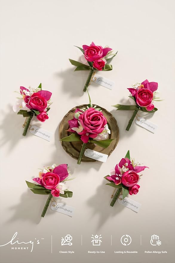 Ling's moment Boutonniere for Men, 6pcs Groom Groomsmen Boutonniere, Artificial Flowers for Wedding Decor/Prom/Homecoming, etc.Hot Pink Magenta Blush