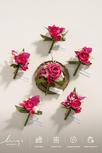 Ling's moment Boutonniere for Men, 6pcs Groom Groomsmen Boutonniere, Artificial Flowers for Wedding Decor/Prom/Homecoming, etc.Hot Pink Magenta Blush