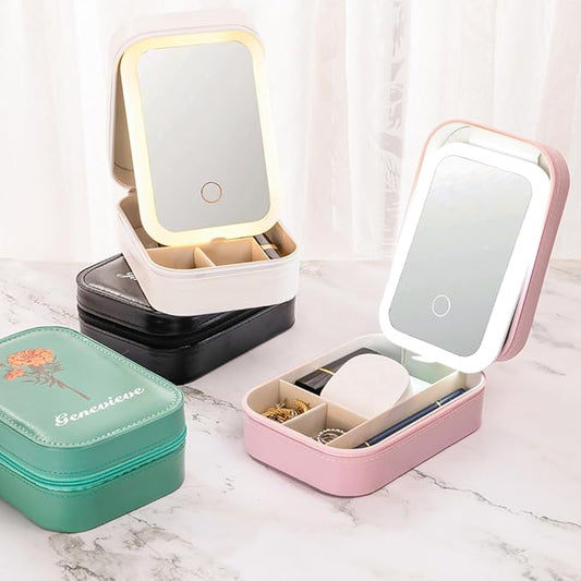 callie Personalized Travel Jewelry Case-Mirror & LED 3 Adjustable Light, Custom Birth Flower Makeup Jewlery Box with Name, Wedding Birthday Gift for Women