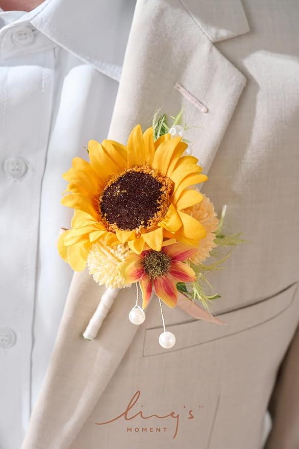 Ling's moment Boutonniere for Men, 6pcs Groom Groomsmen Boutonniere, Artificial Flowers for Wedding Decor/Prom/Homecoming, etc.Sunflower Yellow