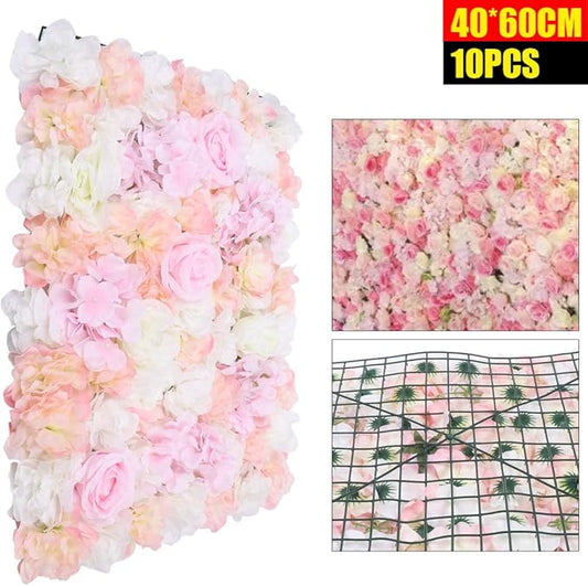 Flower Wall Panel Floral Backdrop,10Pack Champagne Flower Wall Decor,Silk Rose Wall, Artificial Flower Backdrop Faux Flower Panel for Wedding (10PCS PINK1)