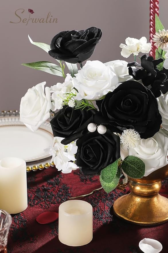 Serwalin Black Artificial Flowers and White Deluxe Combo Box Set, Daisy Fake Flower for DIY Wedding Bridal Bouquet, Centerpieces Decor, Floral Arrangement Decor, etc.