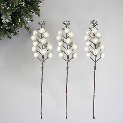 24 Pack Christmas Glitter Berries Stems, 8.66 Inch Artificial Christmas Tree Picks,Holly Berry DIY Xmas Wreath, Crafts, Holiday Clearance and Home Decor, Milk White