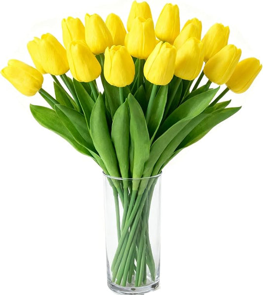 Yellow Faux Tulips (20 Pcs) - Premium PU Artificial Flowers for Christmas & Thanksgiving Table Setting, Winter DIY Home Decor - 13.5" Real Touch