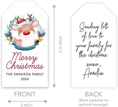 Andaz Press Personalized Christmas Holiday Season Classic Gift Tags, Merry Christmas Happy Reindeer with Santa Hat Design, Custom Family Name and Year, For Holiday Events, Parties, and Favors, 60-Pack