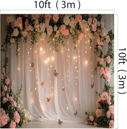 10x10ft Pink White Rose Flowers Wedding Backdrop White Curtain Glitter Light Butterfly Decoration Photography Background Children Baby Shower Birthday Party Backdrop for Video Studio Prop
