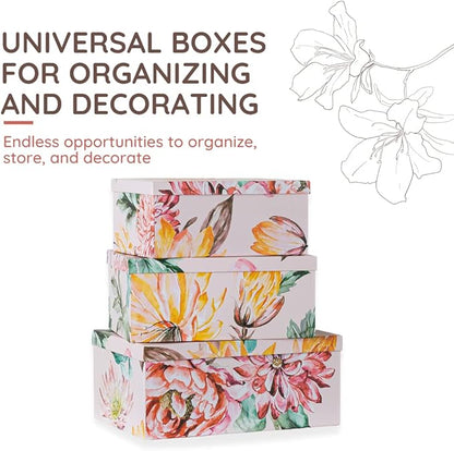 Soul & Lane Decorative Cardboard Storage Boxes with Lids for Home Decor and Organization, Set of 3 Large Keepsake Boxes for Memories & Gifts, Nesting Floral Photo Storage Containers, Beauty in Bloom