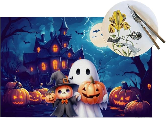 PVC Placemats Set of 4 Wipeable Table Mats Washable Heat Resistant Non Slip Vinyl Dining Table Mat for Kitchen Indoor Outdoor Patio Farmhouse Place Mats Halloween Castle Pumpkin Ghosts Decorative