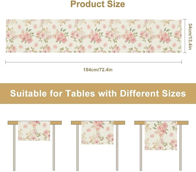 Vintage Rose Table Runner, Watercolor Romantic Pink Floral Blossoms Table Runner for Kitchen Dining Holiday Party Home Decor, 13x36 Inch