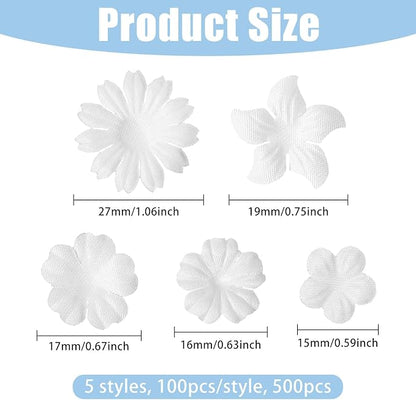 CHGCRAFT 500 Pcs 5 Style Handmade Flowers White Cloth Flower Head for Greeting Card Scrapbooking DIY Crafting