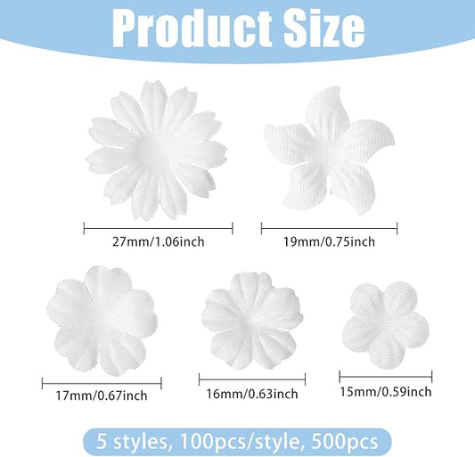 CHGCRAFT 500 Pcs 5 Style Handmade Flowers White Cloth Flower Head for Greeting Card Scrapbooking DIY Crafting